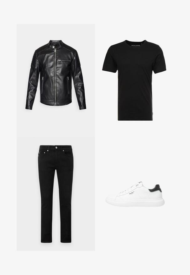 Veste en cuir noir avec col montant, fermeture éclair sur le devant, et poches latérales. Panneaux d'épaules texturés et design ajusté.; T-shirt noir à manches courtes en coton, avec un col rond et une étiquette logo discrète sur le côté. Design simple et polyvalent.; Jeans slim fit noirs avec cinq poches, bouton en métal et passants de ceinture, présentés à plat sur un fond blanc.; Baskets basses blanches en cuir avec une finition lisse, dotées d'accents noirs au niveau du talon, de lacets ronds et de coutures latérales discrètes.