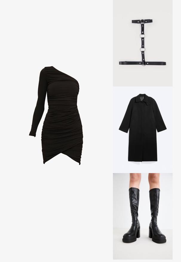 Long manteau noir avec col, deux poches latérales, manches longues et boutons cachés sur le devant sur un fond clair.; Robe noire à une épaule en matériau extensible, dotée de détails froncés et d'un ourlet asymétrique pour une silhouette ajustée.; Bottes noires hautes en cuir lisse, avec une épaisse semelle plateforme et un talon carré, ornées de surpiqûres le long des bords.; Harnais en similicuir noir avec anneaux et clous en métal argenté, doté de sangles ajustables organisées verticalement et horizontalement.