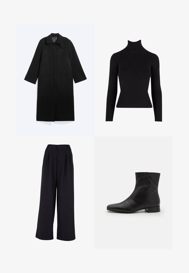 Sort lang frakke med krave, to sidelommer, ærmer i fuld længde og skjulte knapper foran på en lys baggrund.; Sort ribbet turtleneck sweater med lange ærmer, tætsiddende silhuet, tekstureret stof og høj hals.; Bredde bukser i sort stof med frontpliser, knaplukning og en glat overflade. Skræddersyet design med høj talje.; Sort læder ankelstøvle med spids tå, glat tekstur, minimalistisk design og en lav blokhæl. Sidelukning går op til anklen.