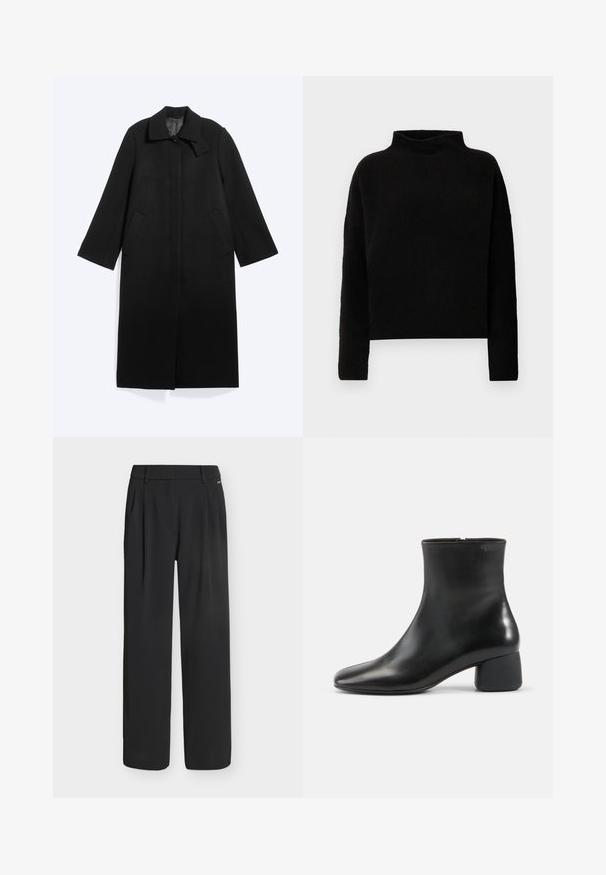 Long manteau noir avec col, deux poches latérales, manches longues et boutons cachés sur le devant sur un fond clair.; Pull en col roulé noir en tissu doux, avec des manches longues et une coupe décontractée, présentant des coutures minimales et sans embellissements visibles.; Pantalon noir taille haute à jambes larges avec passants de ceinture et plis devant, présenté sur un fond blanc uni.; Bottine en cuir noir avec bout carré arrondi, fermeture éclair latérale et talon bas épais sur fond clair uni.