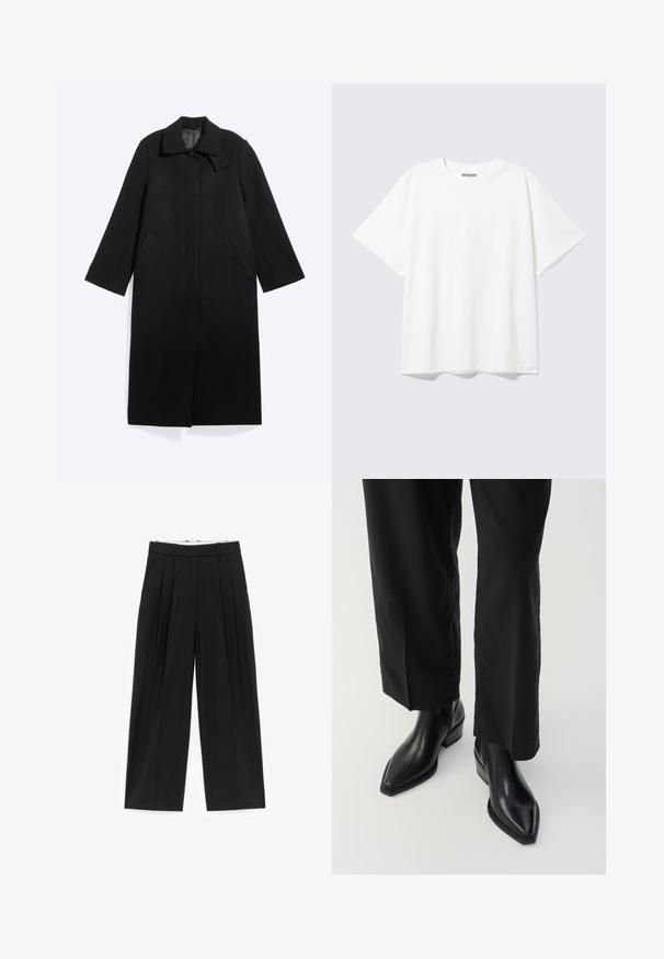 Long manteau noir avec col, deux poches latérales, manches longues et boutons cachés sur le devant sur un fond clair.; T-shirt blanc à manches courtes, col rond, coupe décontractée et étiquette "WEEKDAY" à l’intérieur du dos du col.; Pantalon noir à jambes larges avec plis sur le devant, passants pour ceinture et poches latérales, conçu pour une coupe ajustée.; Bottes noires en cuir à la cheville avec un bout pointu, texture lisse et un talon carré. Associées à un pantalon noir à jambes larges, elles créent une silhouette élégante.