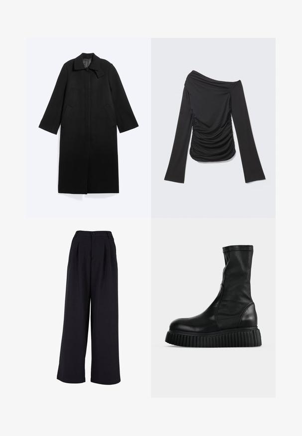 Sort lang frakke med krave, to sidelommer, ærmer i fuld længde og skjulte knapper foran på en lys baggrund.; Sort langærmet top med asymmetrisk off-shoulder halsudskæring og rynkede detaljer på siderne og foran.; Bredde bukser i sort stof med frontpliser, knaplukning og en glat overflade. Skræddersyet design med høj talje.; Sort læderstøvle til midt på læggen med en glat overdel og tyk ridsede platformsål, vist fra siden på en ensfarvet lys baggrund.