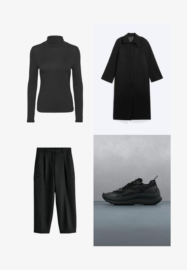 Sort lang frakke med krave, to sidelommer, ærmer i fuld længde og skjulte knapper foran på en lys baggrund.; Sort langærmet turtleneck skjorte lavet af glat, strækbart stof. Har et tætsiddende design og en klassisk høj krave.; Sorte high-waist cropped cargobukser med forreste knap, sidelommer og cargolommer samt små slidser ved kanten.; Sort Calvin Klein-sneaker med chunky sål, der svæver over træfliser udendørs med grønne blade og grå væg i baggrunden.