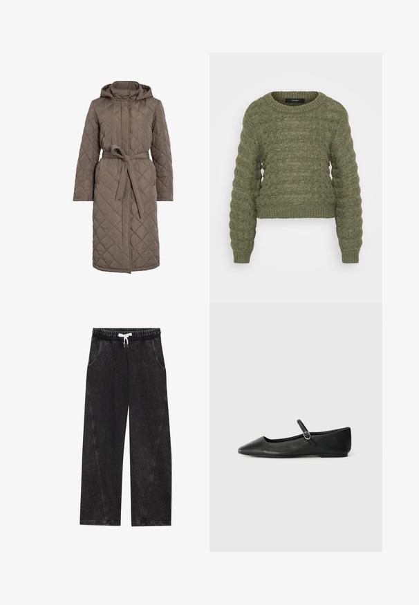 Abrigo largo acolchado en marrón apagado, con capucha, cintura ceñida con cinturón y un patrón de costura diagonal. Fabricado con un material suave y acolchado.; Suéter de punto verde con un patrón texturizado, cuello redondo y mangas largas. Los puños y el dobladillo acanalados añaden un detalle estructural.; Pantalones anchos y negros hechos de una tela texturizada. Presentan una cinturilla elástica con un cordón blanco y bolsillos frontales con costuras diagonales.; Bailarinas de cuero negro con punta afilada, suela plana y una pequeña correa con hebilla alrededor del tobillo para un ajuste seguro.