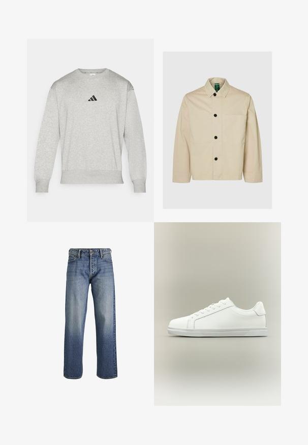 Lysebeige jakke med krave, knapper foran, en enkelt brystlomme og lange ærmer med en afslappet pasform. Blød stoftekstur.; Grå sweatshirt lavet af bomuldsblandingsstof, med ribbede manchetter og kant, samt et lille sort Adidas-logo på brystet. Klassisk rundhalset design.; Blå denim jeans med en løs pasform, der har en falmet vask, fem-lomme design, bæltestropper og lynlås-lukning.; Lavtop hvid sneaker med snørelukning foran og tekstureret gummisål mod en ensartet neutral baggrund.