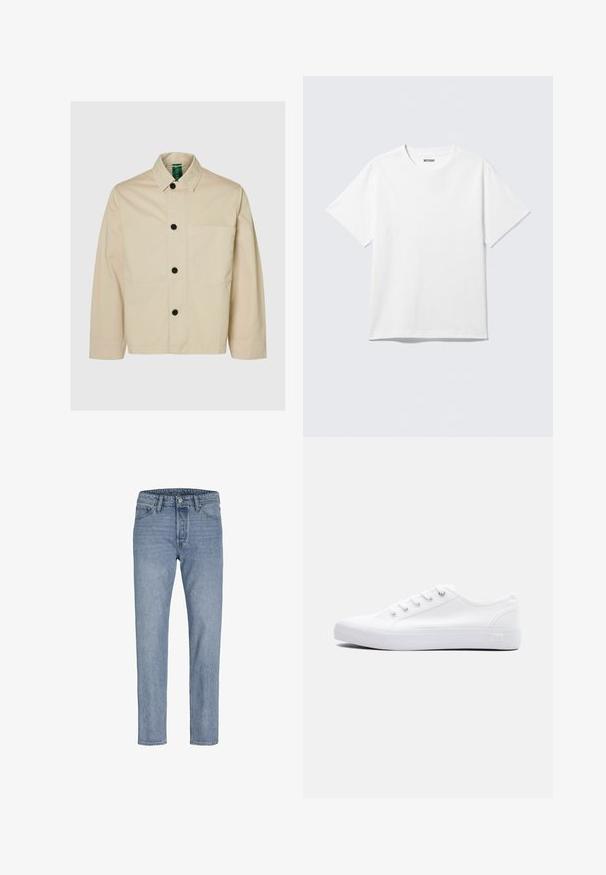 Lysebeige jakke med krave, knapper foran, en enkelt brystlomme og lange ærmer med en afslappet pasform. Blød stoftekstur.; Hvid kortærmet crewneck T-shirt lagt fladt ud, ensfarvet design, med "WEEKDAY" mærkat inde i kraven på en lys baggrund.; Lysblå denimbukser med lige ben, fem lomme-design, syninger og knaplukning i taljen.; Lavtop hvid lærredsneaker med hvide snørebånd, gummisål og metaløjer, vist fra ydersiden på en ensfarvet baggrund.