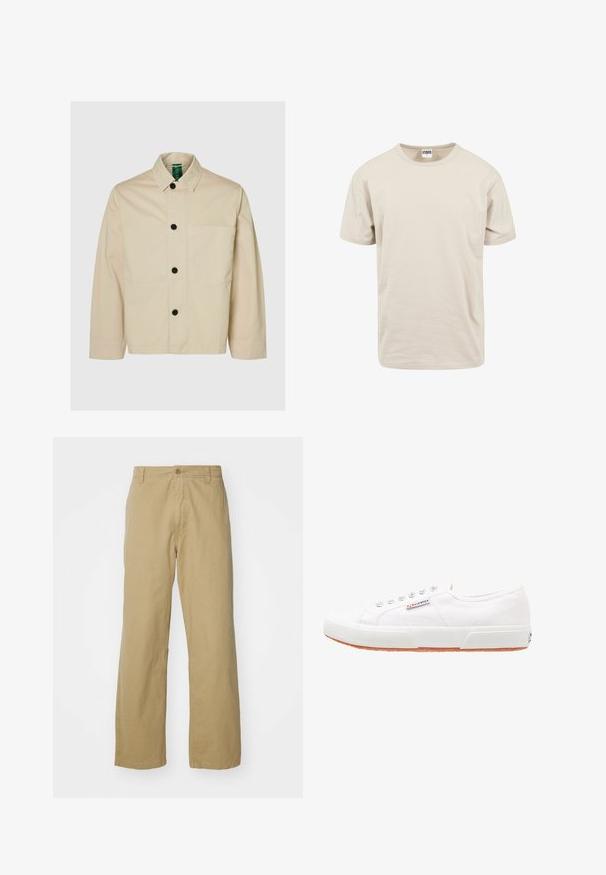 Lysebeige jakke med krave, knapper foran, en enkelt brystlomme og lange ærmer med en afslappet pasform. Blød stoftekstur.; Beige bomulds t-shirt, korte ærmer, rund halsudskæring, afslappet pasform. Glat tekstur med et enkelt, udekoreret design.; Khaki bomuldsbukser med lige ben, der har en frontknaplukning og sidelommer. Glat, robust tekstur.; Hvide kanvas sneakers med gummisål, snørebåndsdesign og et lille logo mærke på siden. Tekstureret hvid overdel og brun ydersål.