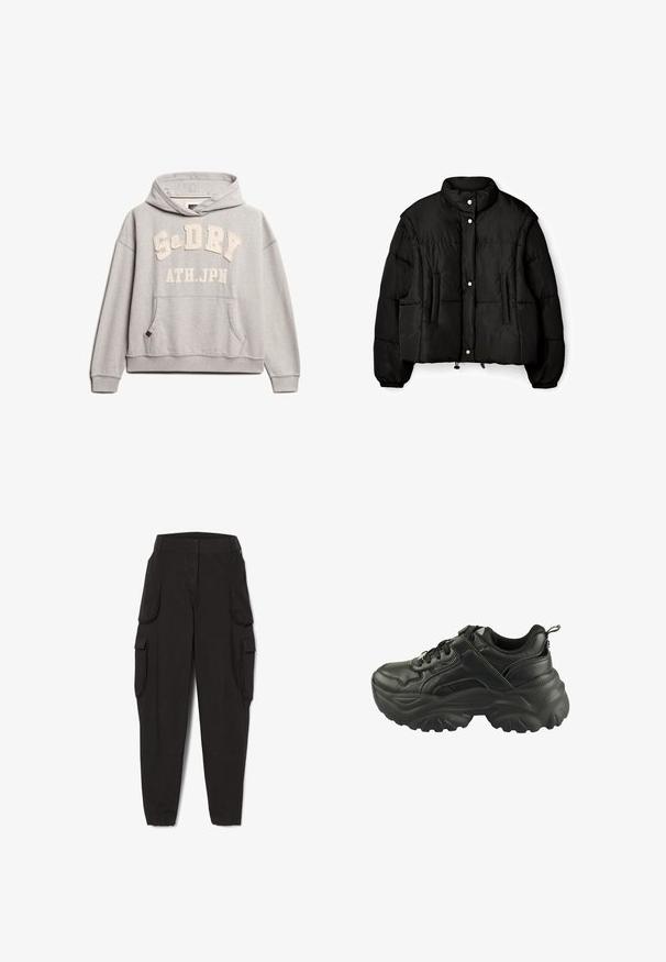 Sort pufferjakke med cropped design, høj krave, knaplukning, to forlommer og elastiske manchetter. Glat tekstur.; Superdry & Co ATHLETIC ESSENTIALS - Hættetrøje - grey marl; Sorte cargobukser med elastiske manchetter og flere klaplommer på siderne, designet til afslappet eller praktisk brug.; Sort chunky sneaker med tyk tekstureret sål, snørelukning foran, polstret krave og trækstrop på hælen, vist fra siden.