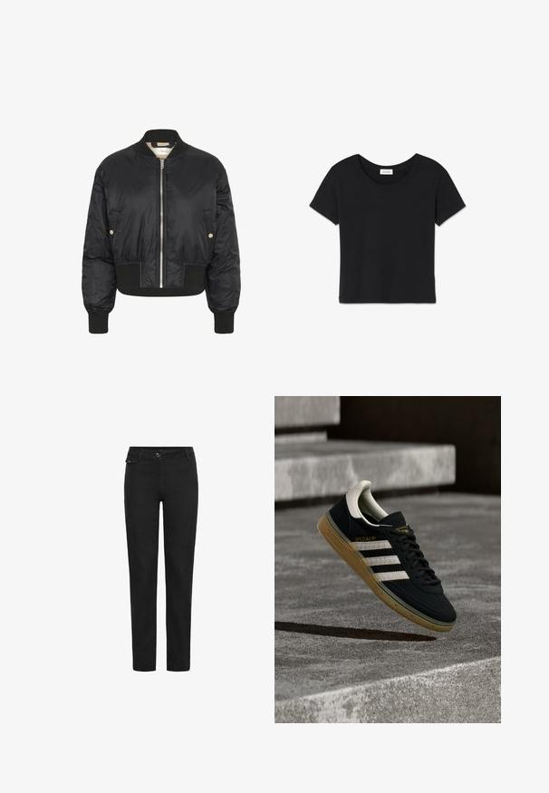 Sort bomberjakke med cropped design, shiny nylon materiale, ribbede manchetter og kant, samt en sølvfarvet frontlynt. To sidelommer medfølger.; Sort bomulds t-shirt med rund hals, korte ærmer og lige søm. Blød tekstur med minimale sømme og et lille brandmærke indeni.; Sorte lige bukser med knaplukning, bæltestropper og en lille klaplomme på højre side tæt på taljen.; Sort ruskindssneaker med hvide striber og gyldent logo, med en tekstureret gummisål i karamel og en kontrasterende cremefarvet hæltab.