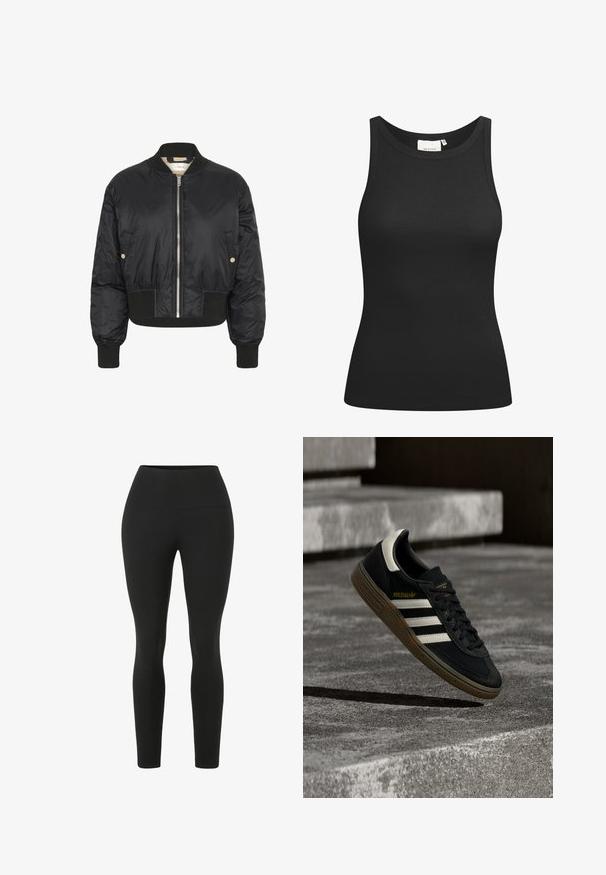 Schwarze Bomberjacke mit croppter Passform, glänzendem Nylonmaterial, gerippten Bündchen und Saum sowie einem silbernen Frontreißverschluss. Zwei seitliche Taschen sind integriert.; Schwarzes Tanktop aus Rippstoff mit Rundhalsausschnitt und figurbetonter Passform. Flache Nähte und keine Verzierungen. Einfaches und elegantes Design.; Schwarze Leggings mit einem hohen Bund. Hergestellt aus dehnbarem Stoff, mit einer glatten Textur und einer anliegenden Silhouette ohne sichtbare Nähte.; Schwarzer Adidas-Sneaker mit weißen Streifen und Gummisohle schwebt über grauen Betonstufen im natürlichen Licht.