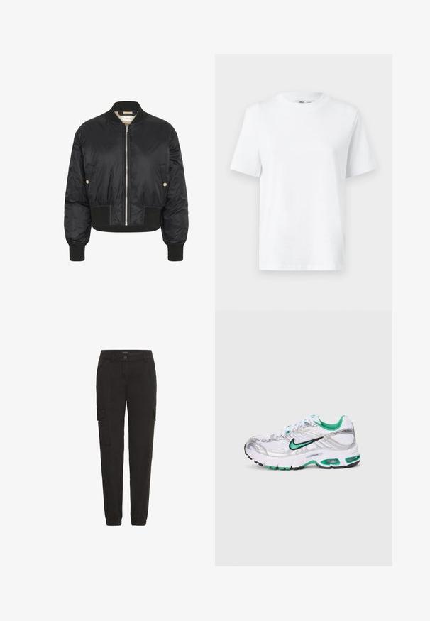 Sort bomberjakke med cropped design, shiny nylon materiale, ribbede manchetter og kant, samt en sølvfarvet frontlynt. To sidelommer medfølger.; Hvid bomulds T-shirt med rund hals, kortærmet og en glat tekstur. Designet med en afslappet pasform for komfort og alsidighed.; Sorte cargo-bukser lavet af letvægtsstof, med elastisk talje, sidelommer og en afslappet pasform.; Nike løbesko i hvid, sølv og grøn. Har mesh- og syntetiske materialer, polstret krave og en polstret sål med synlige luftenheder.