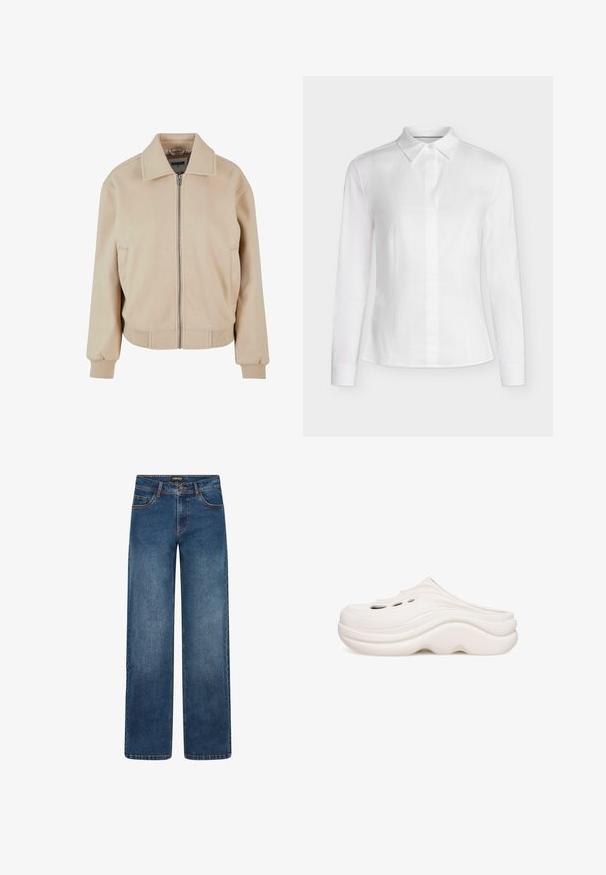 Chaqueta beige hecha de tela suave, con cremallera frontal, amplio collar y puños acanalados con un corte cuadrado. Incluye dos bolsillos laterales.; Blusa blanca ajustada de manga larga con cuello puntiagudo, parte delantera abotonada y costuras entalladas, presentada sobre un fondo liso.; Vaqueros de pierna ancha en lavado azul medio. Cuentan con cinco bolsillos, cierre de botón y cremallera, y costuras doblemente reforzadas. Tejido duradero.; Zuecos blancos con un acabado suave y brillante; cuentan con perforaciones para ventilación y una suela ondulada y esculpida para mayor comodidad.