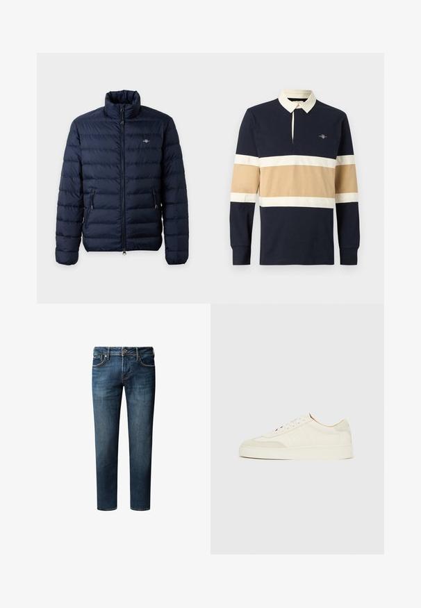 Marineblauwe doorgestikte jas met hoge kraag, ritssluiting aan de voorkant, ritssluitingen aan de zijkanten en klein logo op de linkerborst.; Marineblauw, beige en wit gestreept rugbyshirt met lange mouwen, een crème-kleurige kraag en een klein geborduurd logo op de linkerborst.; Donkerblauwe spijkerbroek met een recht pijpontwerp, voorzien van vijf zakken, een knoopsluiting en subtiele vervagingdetails op de stof.; Witte suède sneakers met een gladde afwerking, ronde neus, plat veterontwerp en contrasterende gestructureerde accenten. Voorzien van een subtiel logodetail.