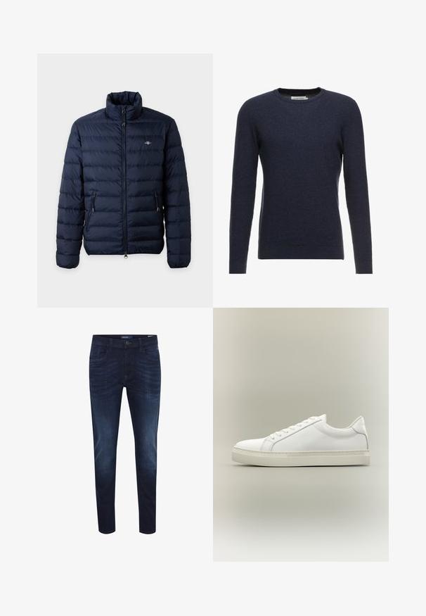 Veste matelassée bleu marine avec col montant, fermeture éclair avant, poches latérales zippées et petit logo sur la poitrine gauche.; Pull en tricot bleu marine avec un col rond, des manches longues et un tissu texturé. Présente une petite fente sur le côté à l'ourlet.; Jeans en denim bleu foncé avec une coupe slim, design à cinq poches, un léger effet délavé, fermeture à bouton et étiquette logo sur la taille arrière.; Baskets blanches basses à lacets sur l’avant et semelle épaisse, vues de côté sur un fond neutre.