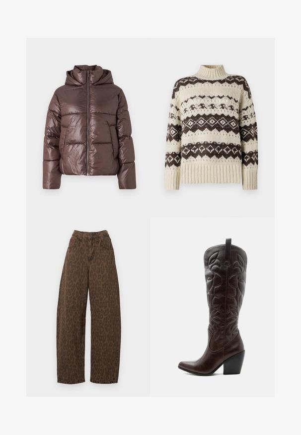 Brun pufferjakke med en blank finish, lynlås lukning, høj krave og lange ærmer. Polstret design med horisontale syninger.; Vero Moda Knitted VMAMPLE Knitted - Striktrøje - birch; Brune leopardmønstret vidde ben jeans med høj talje, knaplukning og to forlommer. Fremstillet af denimstof med en glat overflade.; Høj mørkebrun læder cowboystøvle med syede dekorative mønstre, spids tå og stablet blokhæle.