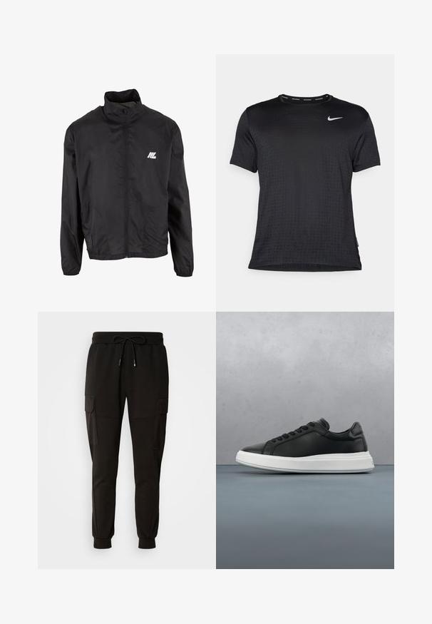 Chaqueta ligera negra hecha de material sintético, con cuello alto, cremallera frontal completa, bolsillos laterales y un pequeño logo blanco en el pecho.; Camiseta deportiva de manga corta negra, con cuello redondo, tejido transpirable, sutil patrón de puntos elevados y un pequeño logo blanco de Nike en el pecho.; Pantalones de chándal negros con cintura elástica y cordón. Presenta bolsillos tipo cargo a los lados y puños elásticos en los tobillos.; Deportivas de cuero negro con un acabado suave, suela de goma blanca, forma redondeada, seis ojales para los cordones y un diseño sutil en el talón.