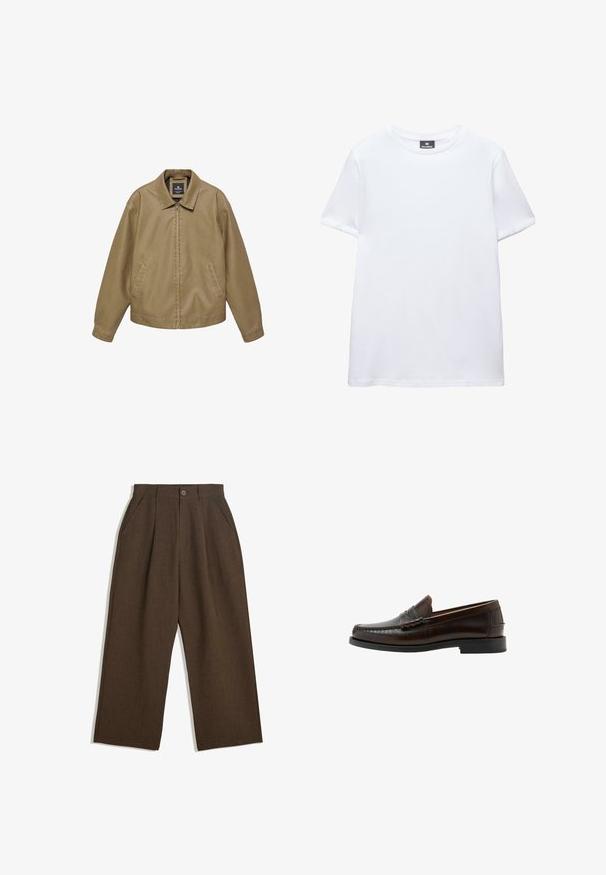 Beige Freizeitjacke mit durchgehendem Frontreißverschluss, Seitentaschen, langen Ärmeln und spitzem Kragen, präsentiert vor weißem Hintergrund.; Schlichtes weißes kurzärmeliges Baumwoll-T-Shirt mit Rundhalsausschnitt und schwarzem Pull&Bear Markenlabel innen am Kragen.; Braune Plisseehosen mit weitem Bein, ausgestattet mit einem Knopfverschluss und seitlichen Taschen, aus strukturiertem Stoff, der sich gut für Freizeitkleidung eignet.; Dunkelbrauner Leder-Pennyloafer mit gestepptem Mokassinnaht, niedrigem Absatz und glatter Oberfläche, seitlich auf weißem Hintergrund gezeigt.