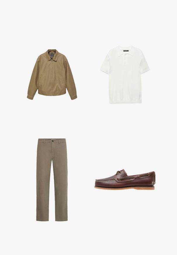 Veste décontractée beige avec fermeture éclair complète à l'avant, poches latérales, manches longues et col pointu, présentée sur un fond blanc.; Polo blanc à manches courtes avec col et trois boutons, présenté à plat sur un fond blanc.; Chinos kaki en coton. Dotés d'une coupe droite, de poches avant, d'une poche arrière unique et d'une fermeture par bouton à la taille.; Chaussure bateau en cuir marron avec coutures blanches, détails de lacets et semelle en caoutchouc beige, vue de côté sur fond blanc.