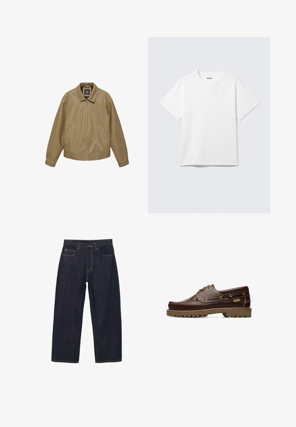 Beige casual jas met volledige ritssluiting aan de voorkant, zijzakken, lange mouwen en een puntige kraag, getoond tegen een witte achtergrond.; Witte T-shirt met korte mouwen en ronde hals, plat gelegd, effen ontwerp, met een "WEEKDAY" label in de kraag op een lichte achtergrond.; Donkerblauwe spijkerbroek met een losse pasvorm, voorzien van gouden stiksels, een knoopsluiting aan de voorkant en twee zijzakken.; Bruine leren veterschoen voor op een boot met gestikte details en een dikke rubberen zool, gezien vanaf de zijkant.