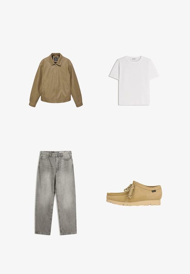 Beige afslappet jakke med fuld lynlås foran, sidelommer, lange ærmer og en spids krave, vist på en hvid baggrund.; Hvid bomuld T-shirt med rund halsudskæring og korte ærmer. Har en klassisk, firkantet form uden synlige mønstre eller detaljer.; Grå denimbukser med lige ben, der har forlommer, en knaplukning og en subtil falmet tekstur.; Beige ruskindsmokassin med gummisål, snøredetalje og et lille Gore-Tex stoflabel på siden.