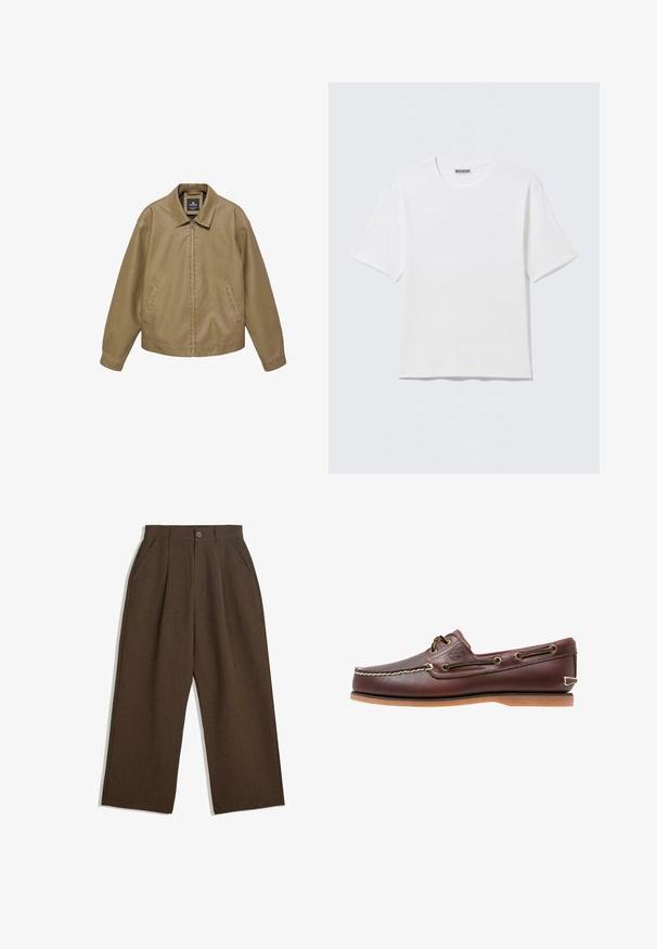 Beige Freizeitjacke mit durchgehendem Frontreißverschluss, Seitentaschen, langen Ärmeln und spitzem Kragen, präsentiert vor weißem Hintergrund.; Schlichtes weißes T-Shirt mit kurzen Ärmeln und Rundhalsausschnitt, mit einem kleinen "WEEKDAY"-Etikett an der Innenseite des Rückenkragens, auf einer flachen Oberfläche liegend dargestellt.; Braune Plisseehosen mit weitem Bein, ausgestattet mit einem Knopfverschluss und seitlichen Taschen, aus strukturiertem Stoff, der sich gut für Freizeitkleidung eignet.; Brauner Leder-Bootsschuh mit weißen Nähten, Schnürdetails und hellbrauner Gummisohle, seitlich auf weißem Hintergrund gezeigt.