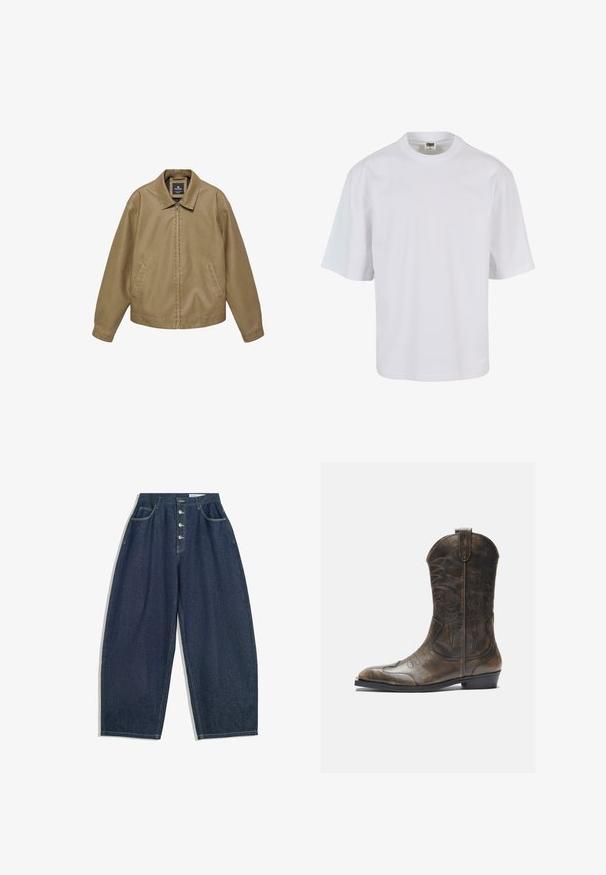 Veste décontractée beige avec fermeture éclair complète à l'avant, poches latérales, manches longues et col pointu, présentée sur un fond blanc.; T-shirt blanc à manches courtes en coton. Il présente un col rond et une coupe ample, avec une texture lisse et sans motifs ni graphiques visibles.; Pantalons en denim bleu foncé à jambes larges avec une taille haute, fermeture à cinq boutons et cinq poches. Présente des accents de couture sur les coutures.; Botte de cow-boy en cuir marron avec un long tige, un bout pointu, des motifs de couture complexes et un petit talon. Finition texturée tout au long.