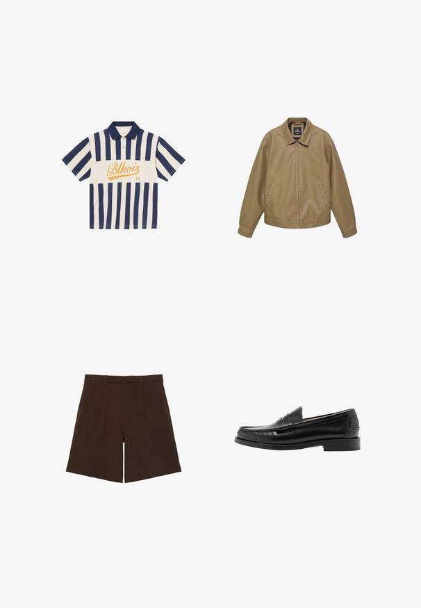 Veste décontractée beige avec fermeture éclair complète à l'avant, poches latérales, manches longues et col pointu, présentée sur un fond blanc.; Polo à manches courtes avec rayures verticales bleu marine et blanches, col bleu marine, deux boutons, et texte jaune « Blkvis 13 » sur la poitrine.; Shorts marron foncé coupés au genou, cintrés avec passants de ceinture et plis sur le devant, présentés à plat sur fond blanc.; Mocassin penny en cuir noir avec bout mocassin cousu, talon bas et finition lisse et polie, présenté de profil sur fond blanc.
