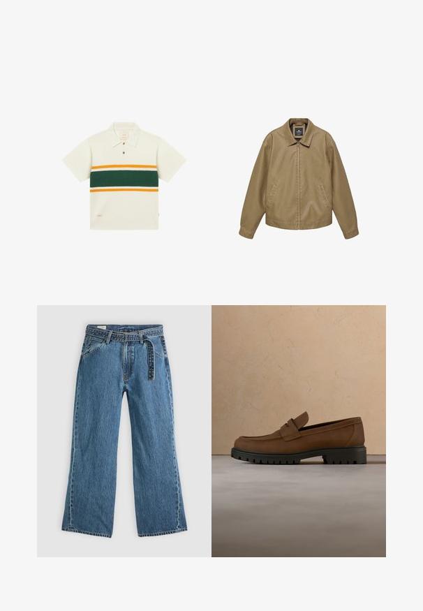 Veste décontractée beige avec fermeture éclair complète à l'avant, poches latérales, manches longues et col pointu, présentée sur un fond blanc.; Polo en maille à manches courtes de couleur crème avec tissu texturé, rayures horizontales vertes, jaunes et blanches sur la poitrine, et deux boutons sur le devant.; Jeans bleu en denim à jambes larges avec une ceinture attachée, poches avant et couture visible sur un fond clair.; Mocassin en cuir marron foncé avec semelle épaisse en caoutchouc noir présenté au-dessus d’un tapis beige et d’un canapé en arrière-plan.