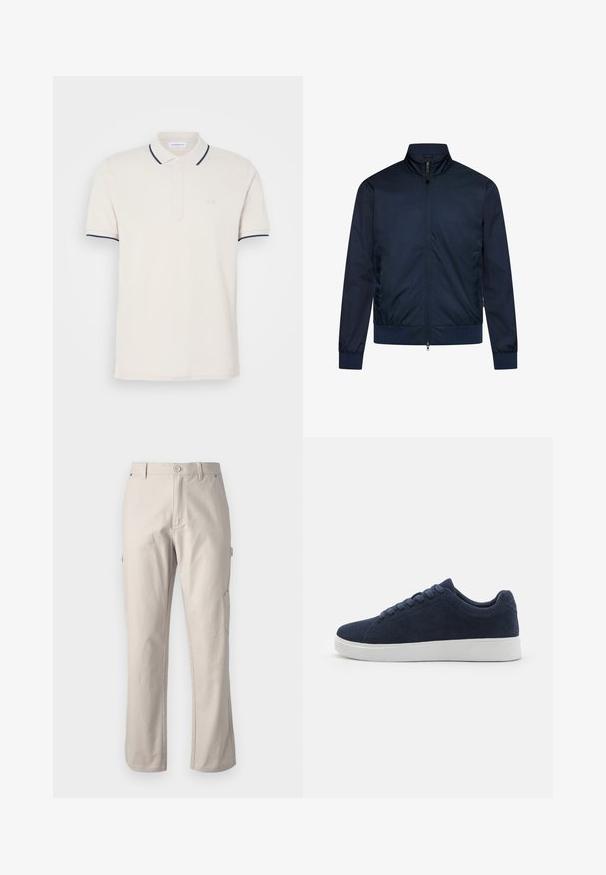 Marineblå jakke med lynlås, høj krave, elastiske manchetter og talje, med sidelommer og glat stofstruktur.; Creme polo shirt med en tre-knap lukning, korte ærmer og marineblå krave- og ærmeaksenter. Blødt bomuldsblandingsstof.; Beige cargo bukser lavet af robust bomuld med lige ben, frontknaplukning og sidelommer til praktisk brug. Glat tekstur med diskret syning.; Mørkeblå ruskinds sneakers med rund tå, hvid gummisål og seks snørehuller. Glat tekstur og minimalistisk design. Vist fra siden.