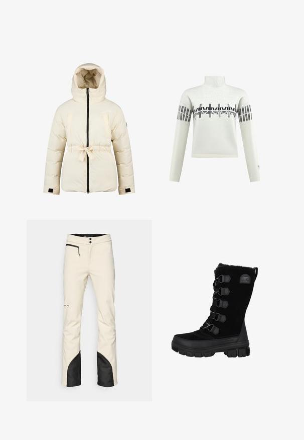 Cremefarvet polstret jakke med hætte, frontlynlås, justerbar talje bånd og velcro håndledsremme, designet til koldt vejr.; Hvid sweater med lange ærmer og en høj krave, der har et sort geometrisk mønster over brystet og ved ærmeenderne.; Herre skibukser i cremefarvet med sort accent ved kanten. Har en lynlåslomme, knaplukning og tapered ben. Blødt, vandafvisende materiale.; Sorte vandtætte vinterstøvler med overdel i ruskind, pelskrave og gummisål. Har snørebåndsdesign med hexagonale snørehuller og logo-patch.