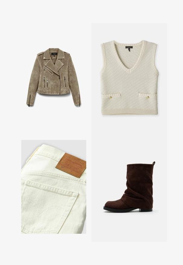 Chaqueta de motorista de ante caqui con cuello con muescas, cremallera asimétrica, múltiples bolsillos con cremallera y detalles metálicos en plata.; Chaleco de punto sin mangas en color crema con escote en V, que presenta una textura diagonal, dos bolsillos frontales con botones dorados y detalles de ribete de punto.; Jeans Levi's 501 de color crema con parche de cuero marrón, con costuras en los bolsillos traseros en forma curva y un diseño clásico de denim.; Bota holgada de ante marrón oscuro hasta la mitad de la pantorrilla con puntera redonda, tacón bajo, suela negra y cinta en la parte trasera.