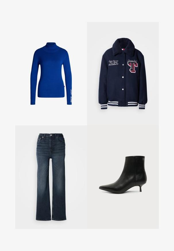 Veste universitaire bleu marine avec col en fausse fourrure, poignets rayés blancs, logos brodés et fermeture à boutons-pression. Dispose de poches latérales.; Pull col roulé bleu en tissu doux et extensible. Il a des manches longues et le texte "JOOP! JEANS" imprimé en blanc sur la manche droite.; Jeans larges bleu foncé en denim. Design taille haute avec fermeture à bouton à l'avant et poches latérales. Texture lisse et coupe classique.; Bottine en cuir noir avec bout pointu et petit talon kitten sur fond clair, vue côté extérieur.