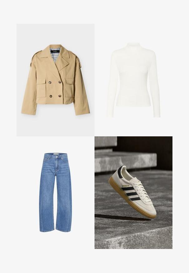 Beige cropped dobbeltknappet jakke med brede revers, klaplommer, knaplukning på skulderstropper og ternet kravefor.; Hvid langærmet turtleneck bluse lavet af ribbet stof, med en tætsiddende pasform og glat tekstur, høj krave og ingen synlige detaljer.; Lyseblå denim wide-leg jeans med høj talje, der har en knap- og lynlåslukning, fem lommer og subtile falmede detaljer.; Hvid Adidas Spezial sneaker med sorte striber og gummisål, svævende over grå stentrin udendørs.