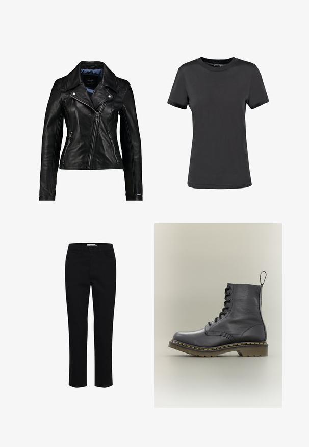 Maze INDIANA - Lederjacke - black; Schwarzes T-Shirt mit kurzen Ärmeln aus glattem Stoff. Verfügt über einen Rundhalsausschnitt ohne sichtbare Muster oder Akzente und bietet ein einfaches Design.; Schwarze Baumwollhose mit geradem Schnitt. Verfügt über fünf Taschen und einen vorderen Knopfverschluss. Glatte Textur, minimale Nähdetails.; Schwarzer Leder-Kampfboot mit 8 Ösen, Gummisohle, gelben Nähten und einer Zuglasche hinten. Verfügt über einen strukturierten Schaft.