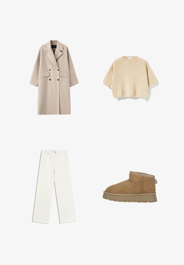 Beige dubbelgeknoopte wollen jas met brede revers, twee voorflapzakken en zwarte knopen, afgebeeld op een witte achtergrond.; Beige, gebreide sweater met korte mouwen, een ronde halslijn en geribde boorden en zoom, weergegeven op een witte achtergrond.; Witte jeans met hoge taille en rechte pijpen, met voorzakken en een knoopsluiting op een witte achtergrond.; Bruine suede enkellaars met zachte bontvoering, ronde neus en een platte rubberen zool. Heeft een decoratieve naad en een trektab aan de hiel.