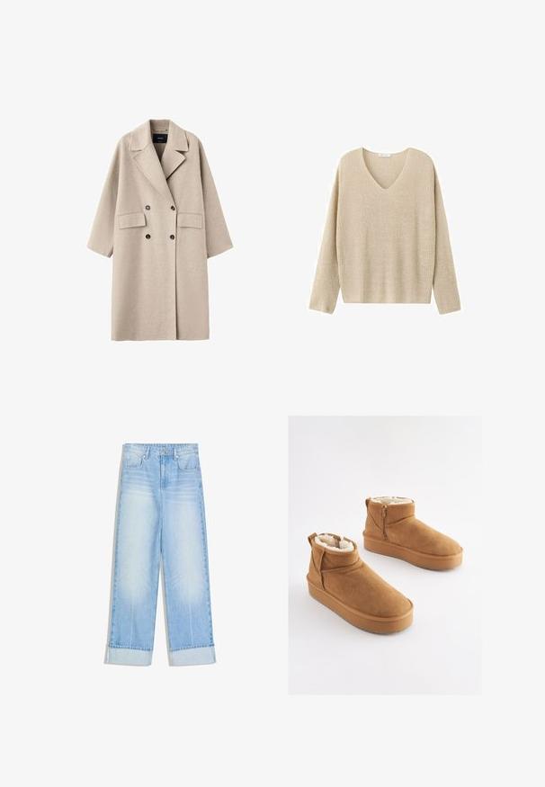 Beige uld dobbeltbrystet frakke med brede revers, to frontlommer med klap og sorte knapper, vist på hvid baggrund.; Beige strikket sweater med lange ærmer og V-hals, vist mod en hvid baggrund.; Lyseblå denimjeans med høj talje, vide ben og opkrogede manchetter, med kontrasterende syninger og fem-lomme design.; Lysebrune ankelstøvler i ruskind med imiteret pelsforing, flad platformssål og lynlås i siden for nem påtagning. Har rundet tå og minimal syning.