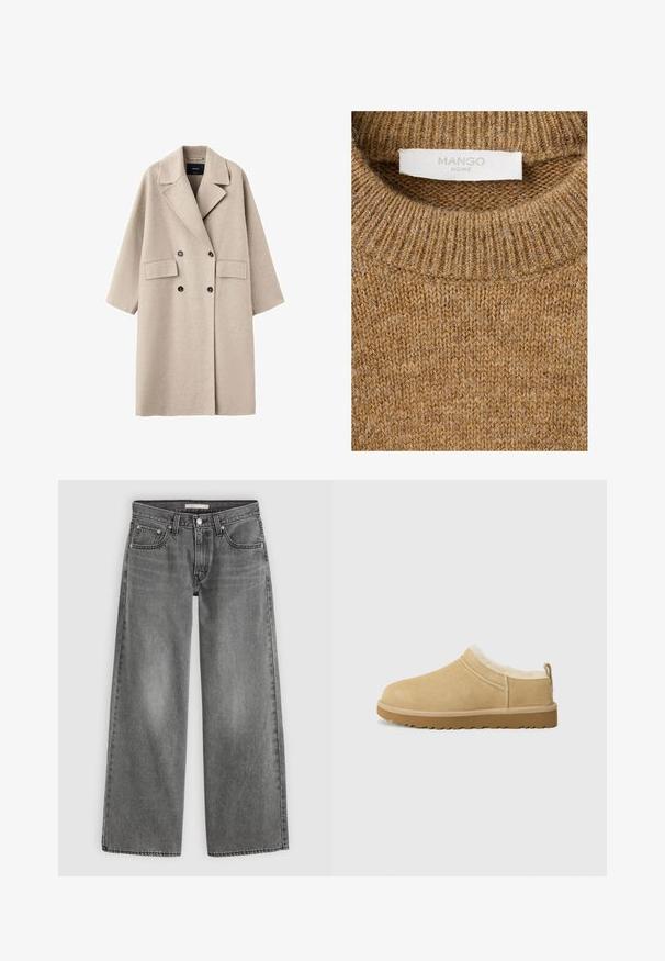 Beige uld dobbeltbrystet frakke med brede revers, to frontlommer med klap og sorte knapper, vist på hvid baggrund.; Brun strikket sweater med ribbet rund halsudskæring og hvid label med teksten "MANGO HOME" inde i kraven.; Grå højtaljede jeans med vide ben, forlukning med knap og lynlås foran, to forlommer og bæltestropper, lagt fladt på en lys baggrund.; Suede slip-on sko i lys tan, med en blød pelsforing og tekstureret gummisål med en let hæl og bagestrop for nem påklædning.