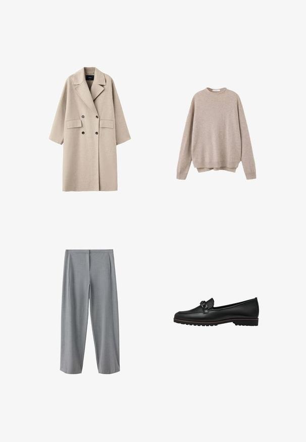 Abrigo de lana beige cruzado con solapas anchas, dos bolsillos delanteros con solapa y botones negros, mostrado sobre un fondo blanco.; Jersey beige de manga larga y cuello redondo con un ajuste holgado y puños y dobladillo acanalados.; Pantalones de vestir gris claro de pierna recta con frente plano y pliegue sutil a lo largo de cada pierna, mostrados sobre un fondo blanco.; Mocasines de cuero negro con un acento trenzado en la parte delantera, suela de goma plana y detalles de costura a lo largo del borde.