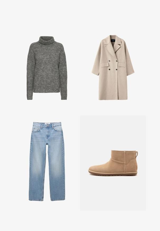 Beige uld dobbeltbrystet frakke med brede revers, to frontlommer med klap og sorte knapper, vist på hvid baggrund.; Grå turtleneck sweater lavet af blødt strikmateriale, med en afslappet pasform og lange ærmer med en subtil tekstur hele vejen igennem.; Lyseblå denimbukser med lige ben, fem-pockets stil og synlige syninger. Stofmaterialet har en blød, let falmet tekstur.; Kort beige ruskindsankelstøvle med flad sål, rundet snude, syninger og trækfane bagpå på hvid baggrund.