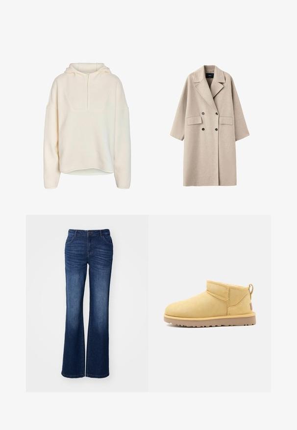 Abrigo de lana beige cruzado con solapas anchas, dos bolsillos delanteros con solapa y botones negros, mostrado sobre un fondo blanco.; Noisy May Half-Zip Fleece NMCOZY - Suéter de forro polar - eggnog; Jeans de mezclilla azul de pernera acampanada con una cintura de altura media, cinco bolsillos y un sutil desgastado en los muslos. Presentan un cierre frontal con botón y cremallera.; Botín corto de ante beige con suela de goma plana, costuras visibles y lengüeta en la parte trasera sobre un fondo liso.