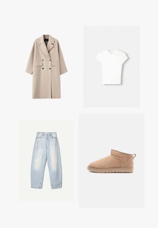 Beige uld dobbeltbrystet frakke med brede revers, to frontlommer med klap og sorte knapper, vist på hvid baggrund.; Hvid kortærmet t-shirt lavet af blød bomuld, med rund halsudskæring og en tætsiddende form. Ingen synlige mønstre eller udsmykninger.; Lyseblå denimbukser med en loose fit, der har en falmet finish, to forlommer og en knaplukning i taljen.; Brune ruskindsankelstøvle med en rund tå, blød tekstur, enkelt design og en lavprofil gummisål. Har en trækrem bagpå.