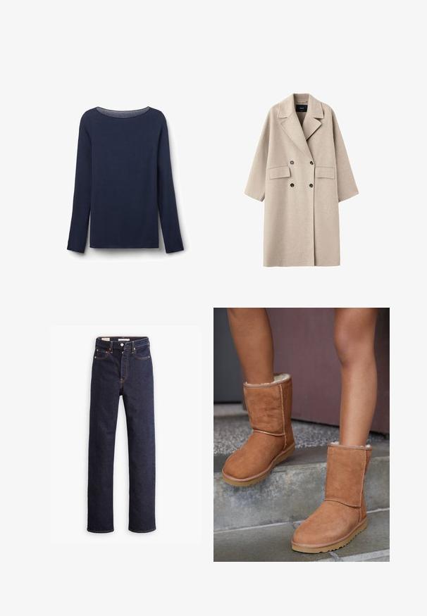 Abrigo de lana beige cruzado con solapas anchas, dos bolsillos delanteros con solapa y botones negros, mostrado sobre un fondo blanco.; Camiseta de manga larga de color azul marino hecha de una tela suave, con un cuello redondo y un corte relajado. El dobladillo y los bordes de las mangas están cuidadosamente terminados.; Jeans de mezclilla rectos de color azul oscuro con cinco bolsillos y costuras naranjas visibles sobre un fondo blanco.; Botas de tobillo de ante marrón con punta redonda, forro suave y suela de goma, con detalles de costura visibles a lo largo de las costuras.