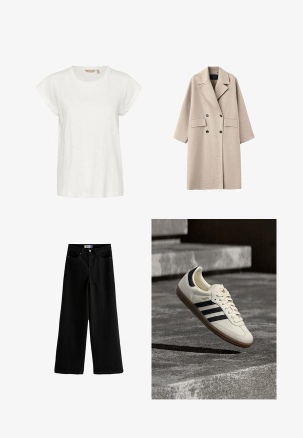 Abrigo de lana beige cruzado con solapas anchas, dos bolsillos delanteros con solapa y botones negros, mostrado sobre un fondo blanco.; Camiseta blanca de manga corta con cuello redondo, fabricada en un material suave y ligero, con un ajuste holgado. Sin patrones ni acentos notables.; Jeans negros de pierna ancha hechos de denim, con cintura alta, cinco bolsillos y cierre de botón frontal. Textura suave con dobladillos rectos.; Zapatilla blanca Adidas Samba con franjas negras y suela de goma, flotando sobre escalones de hormigón gris texturizado.