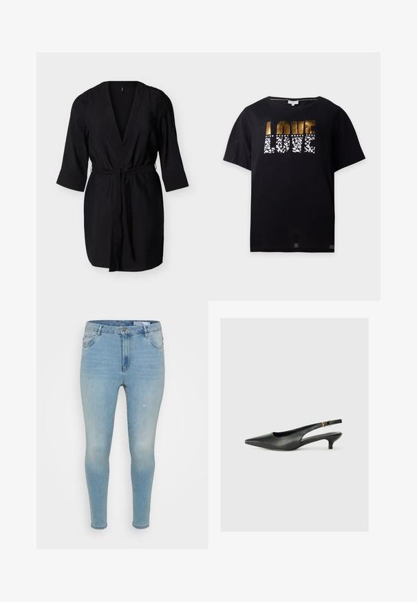 Schwarzes Wickelkleid knielang mit dreiviertel Ärmeln und einem Taillengürtel, präsentiert vor hellem Hintergrund.; Schwarzes T-Shirt mit kurzen Ärmeln und gold-weiß gemustertem Text mit der Aufschrift "LOVE" und kleineren Worten "KIND HEART BRAVE SOUL" darüber.; Hellblaue Denim-Jeans mit einer Slim-Fit-Passform, mittelhoher Taille, klassischem Fünf-Taschen-Design und subtilen abgenutzten Details an der Vorderseite.; Schwarzer Slingback-Schuh mit spitzem Zehenbereich aus glattem Leder. Mit einem dünnen Absatz und einer dekorativen Schnalle am verstellbaren Riemen.