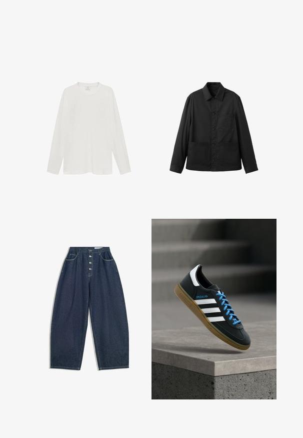 Zwarte blousejas met lange mouwen, knopen, drie voorzakken en een klassieke kraag, plat uitgestald op een witte achtergrond.; Witte longsleeve t-shirt, gemaakt van zachte stof, ronde halslijn, ontspannen pasvorm, minimalistisch ontwerp, geen zichtbare logo's of patronen.; Donkerblauwe denim brede broek met een hoge taille, vijfknopen sluiting en vijf zakken. Heeft stiksels op de naden.; Zwarte Adidas-sneaker met witte strepen, blauwe veters en een gumzool die boven een grijze betonnen trede zweeft in zacht licht.