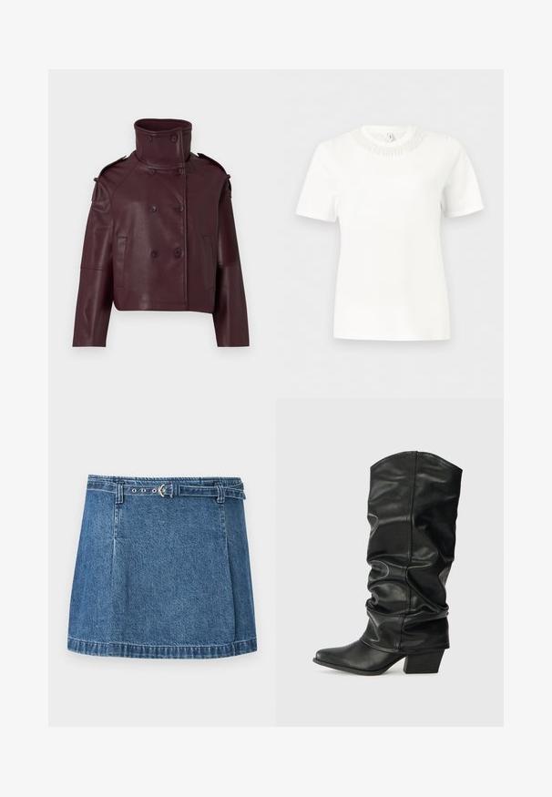 Veste double boutonnage en cuir bordeaux avec un col haut, des épaulettes et deux poches frontales. Texture lisse et coupe courte.; Haut blanc à manches courtes avec encolure ronde ornée d'une bordure texturée à détails de perles.; Mini-jupe en denim bleu avec ourlet cousu et fine ceinture assortie avec boucle argentée, posée à plat sur un fond clair.; Bottes noires en cuir, montantes jusqu'au genou, avec un design plissé, un bout pointu et un talon épais, présentant une texture lisse et des coutures minimales.