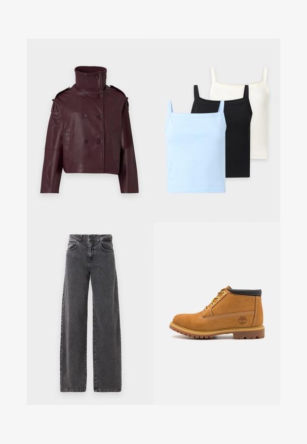 Bordeaux læder doublé-jakke med høj krave, skulderepauletter og to frontlommer. Glat tekstur og kort design.; Tre ensfarvede toppe i lyseblå, sort og hvid, arrangeret lagdelt på en neutral baggrund.; Bredde ben jeans i sort denim med høj talje, fem-lomme design og subtilt falmet tekstur. Forstærket syning ved sømmene.; Brune ruskinds ankelstøvle med sort polstret krave, gule snørehuller og struktureret gummisål. Har et printet logo på siden.