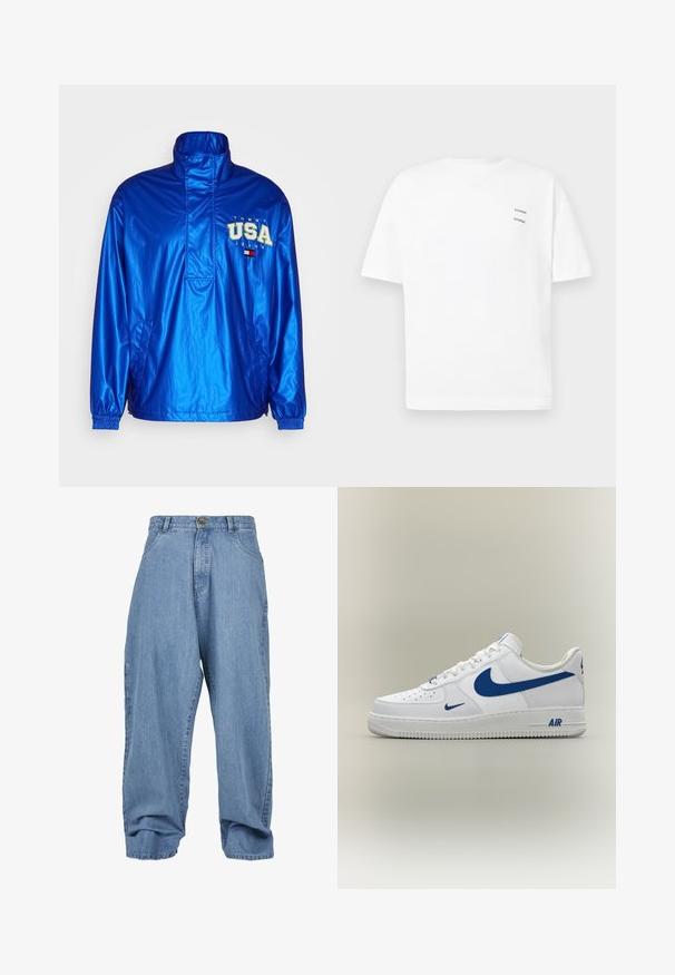 Leichter blauer Pullover mit hohem Kragen, elastischen Bündchen und Seitentaschen. Verfügt über das "TOMMY USA"-Logo in Grün und Weiß. Wasserabweisendes Material.; Weißes Baumwoll-T-Shirt mit lässiger Passform, kurzen Ärmeln und V-Ausschnitt. Verfügt über zwei kleine schwarze gedruckte Logos auf der linken Seite.; Hellblaue Jeanshosen mit lockerem Schnitt, Knopfverschluss, frontalen Taschen und umgeschlagenem Saum, ausgestattet mit einem klassischen Fünf-Taschen-Design.; Weißer Nike Air Force 1 Sneaker mit blauen Swoosh-Logos und "AIR" Text auf der Sohle, seitlich auf neutralem Hintergrund gezeigt.