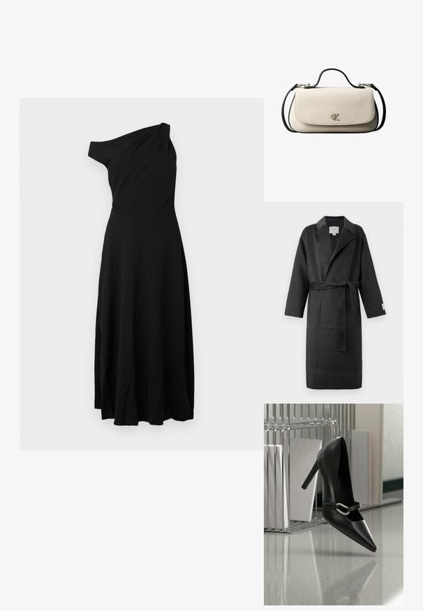 Bata de lana gris oscuro con cinturón, cuello de solapa y mangas anchas. Presenta bolsillos laterales y un acabado texturizado para mayor calidez.; Vestido negro de un solo hombro hecho de tela ligera. Presenta un corsé ajustado y una falda acampanada con suaves pliegues. Diseño sencillo, sin adornos.; Zapato de tacón alto negro con puntera y correa con hebilla plateada, colocado sobre una superficie reflectante cerca de un organizador de archivos metálico que sostiene papeles.; Bolso rectangular de color crema con correa y asa negras, cierre frontal con solapa y pequeño logo plateado "cK" en el centro del frente.