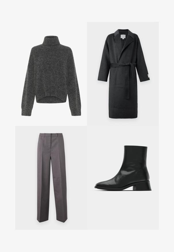 Mørkegrå uldkåbe med bælte, reverskrave og brede ærmer. Har sidelommer og en struktureret overflade for varme.; Mørkegrå, fuzzy turtleneck sweater med afslappet pasform og dropped shoulders. Blød tekstur og cropped kantdetalje. Ingen synlige lukninger.; Grå skræddersyede bukser lavet af struktureret stof, med lige ben, flad front og bæltestropper.; Sort ankelstøvle lavet af blank læder, med et strømlinet design, spids tå og en moderat blokhælhøjde for stabilitet.
